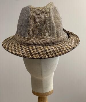 VTG Donegal Tweed Hat Cap Trilby Men Size 7 3/8 Brown Tweed Lined Feather Trim